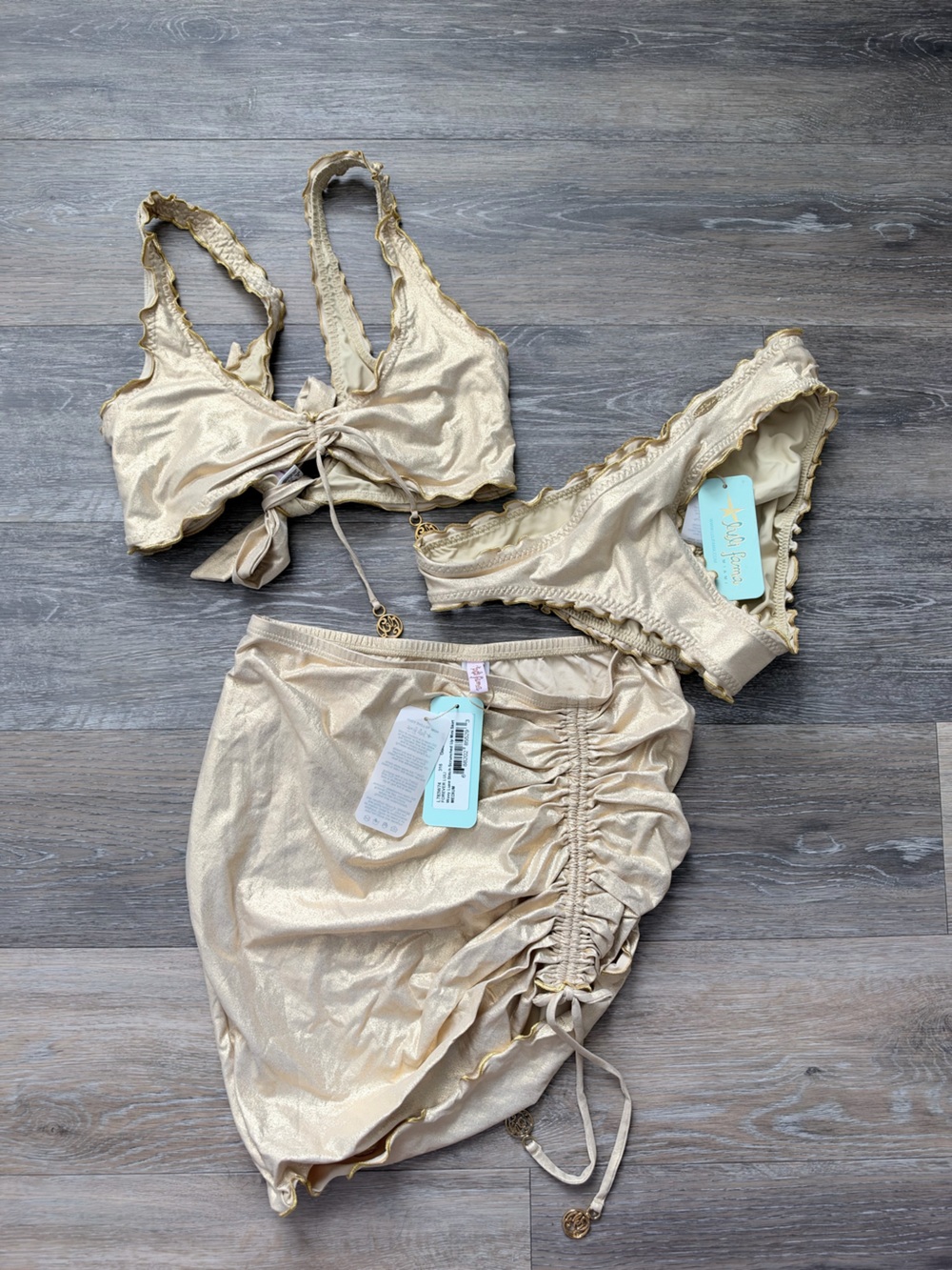 Luli Fama Gold Metallic Bikini Set with Cover-Up Gold Rush NWT